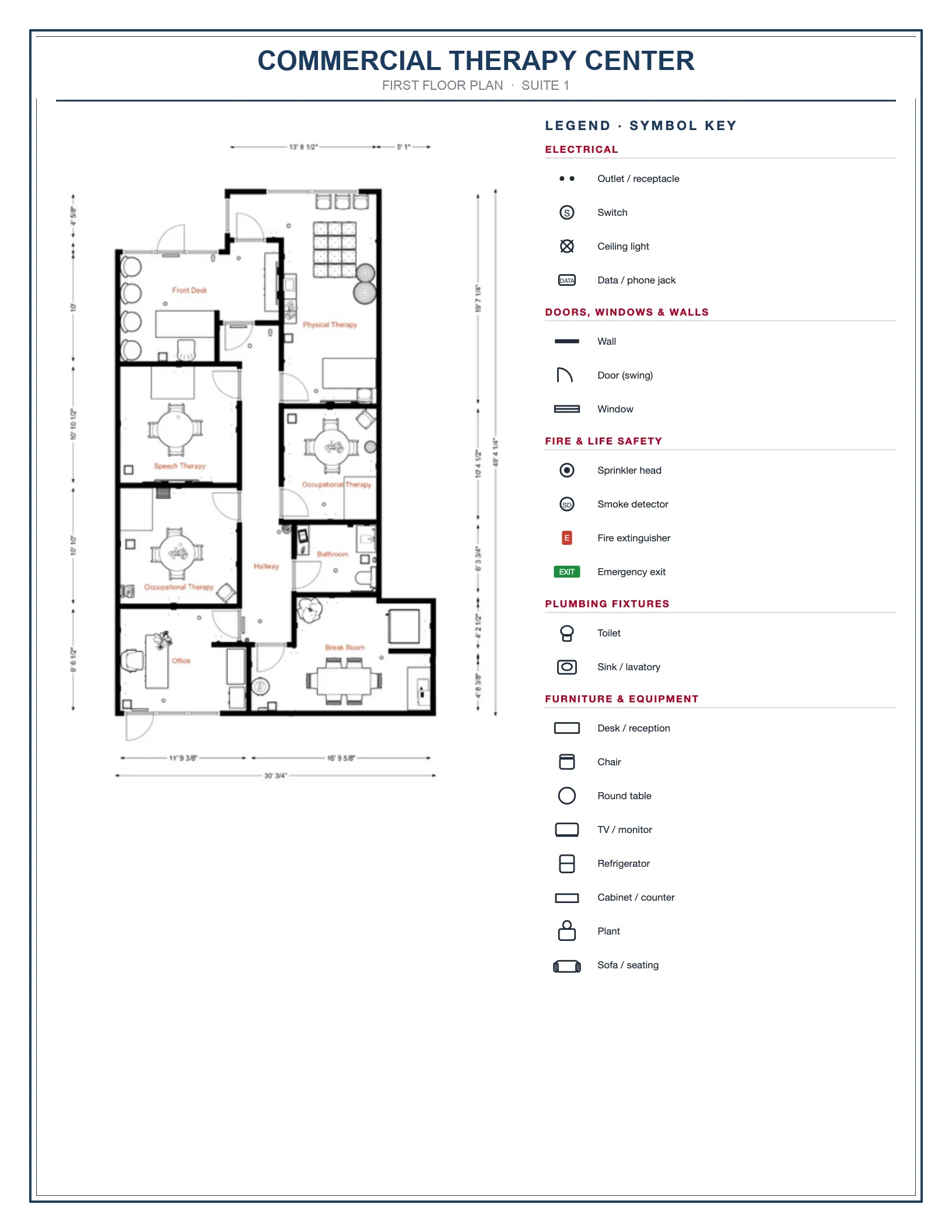 Custom first-floor plan and space planning for a commercial therapy center — complete with room layout, dimensions, and a full electrical, plumbing, and life-safety legend. Designed by Deb Mansion Design.