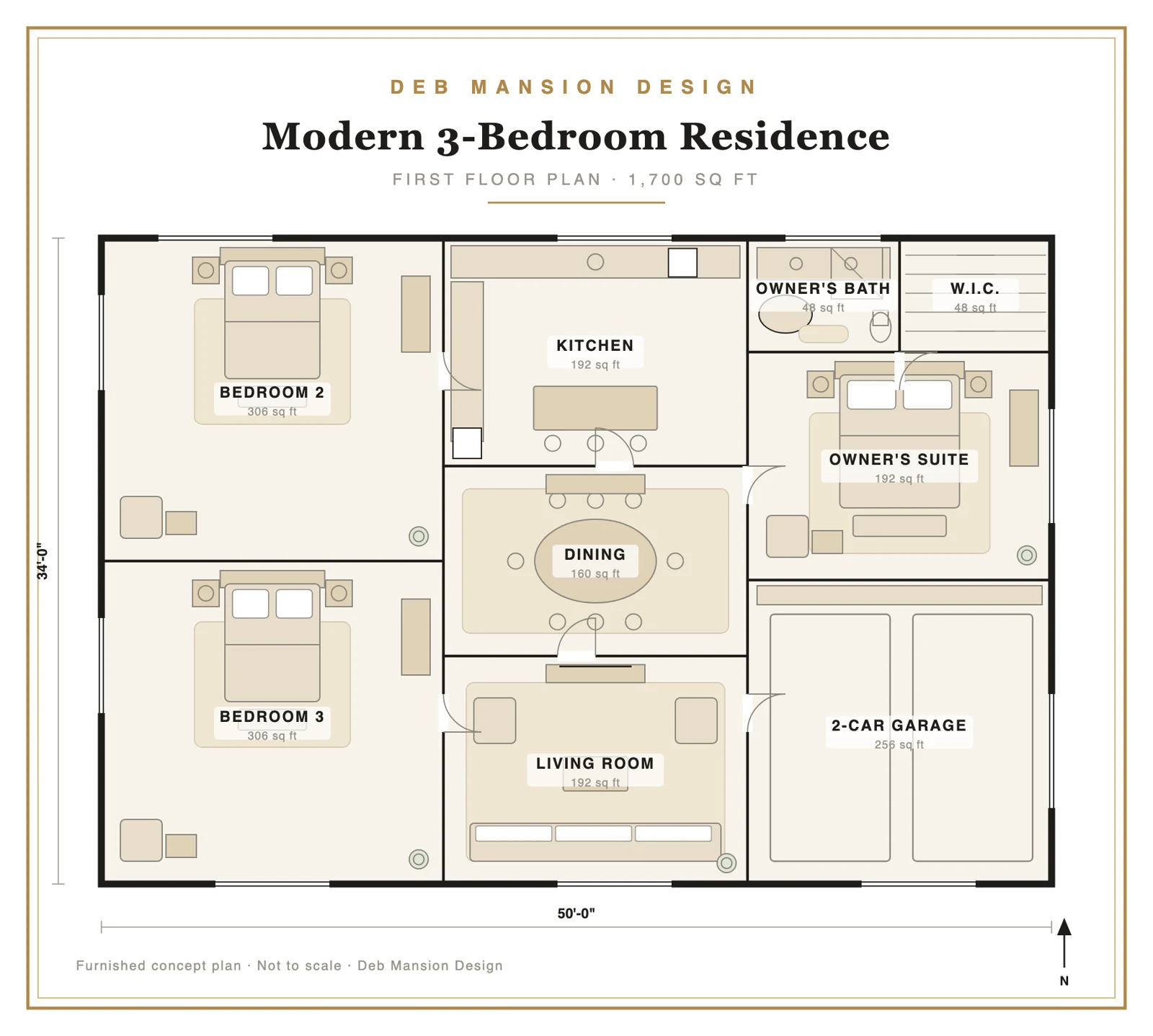 Custom residential floor plan — a modern 3-bedroom, single-story home with open kitchen, dining, and living, an owner's suite, and a 2-car garage. Full space planning by Deb Mansion Design.
