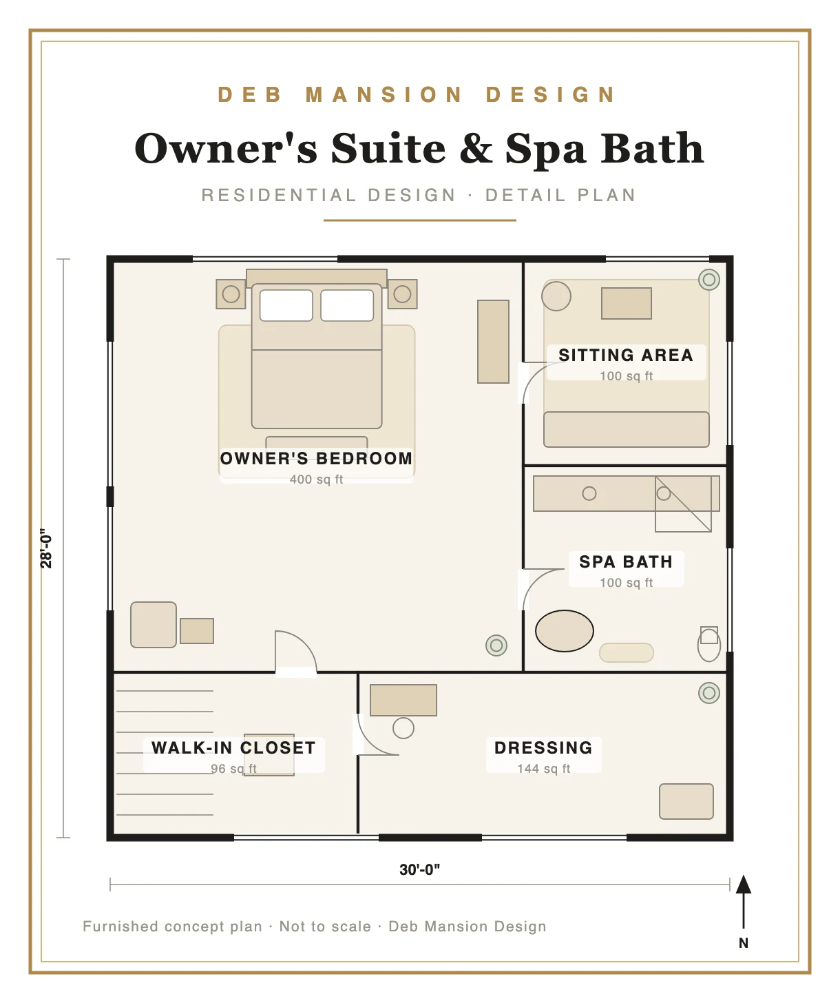 Residential owner's suite design — primary bedroom with sitting area, spa bath, walk-in closet, and dressing room. Detail floor plan by Deb Mansion Design.