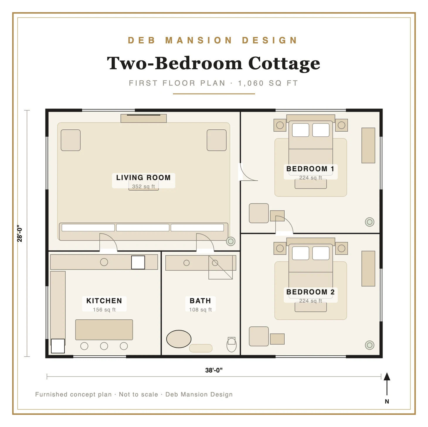 Custom residential floor plan — a two-bedroom cottage with an open living room, kitchen, full bath, and two bedrooms. Space planning by Deb Mansion Design.