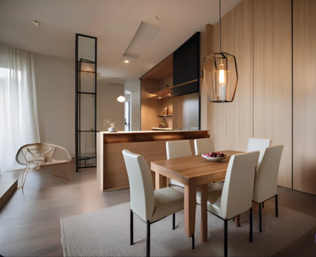 Contemporary dining area with wood dining table, white chairs, geometric pendant lighting, and open kitchen view